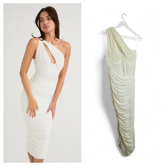 House of CB Valentina Ivory Asymmetric Cutout Midi Dress Shapewear Corset  Size L